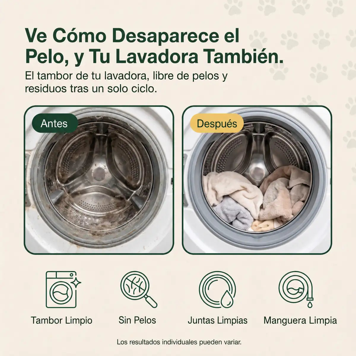 Antes y despues: el tambor de la lavadora libre de pelos tras un ciclo
