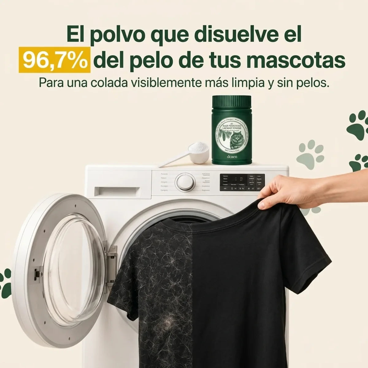 Camiseta negra medio cubierta de pelo y medio limpia saliendo del tambor de la lavadora, con el bote de Draen encima de la máquina.
