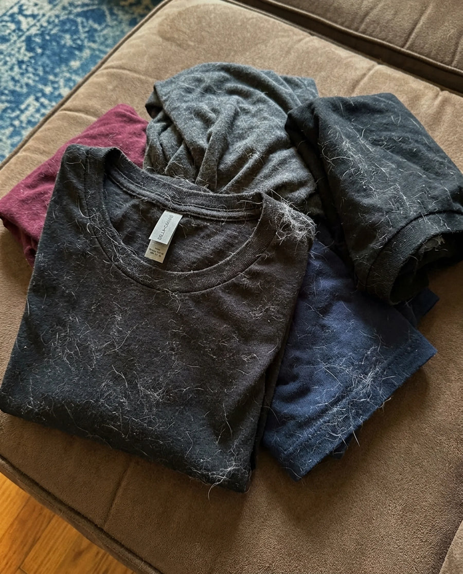 Draen before/after — dark tees clean, no pet hair (AFTER)